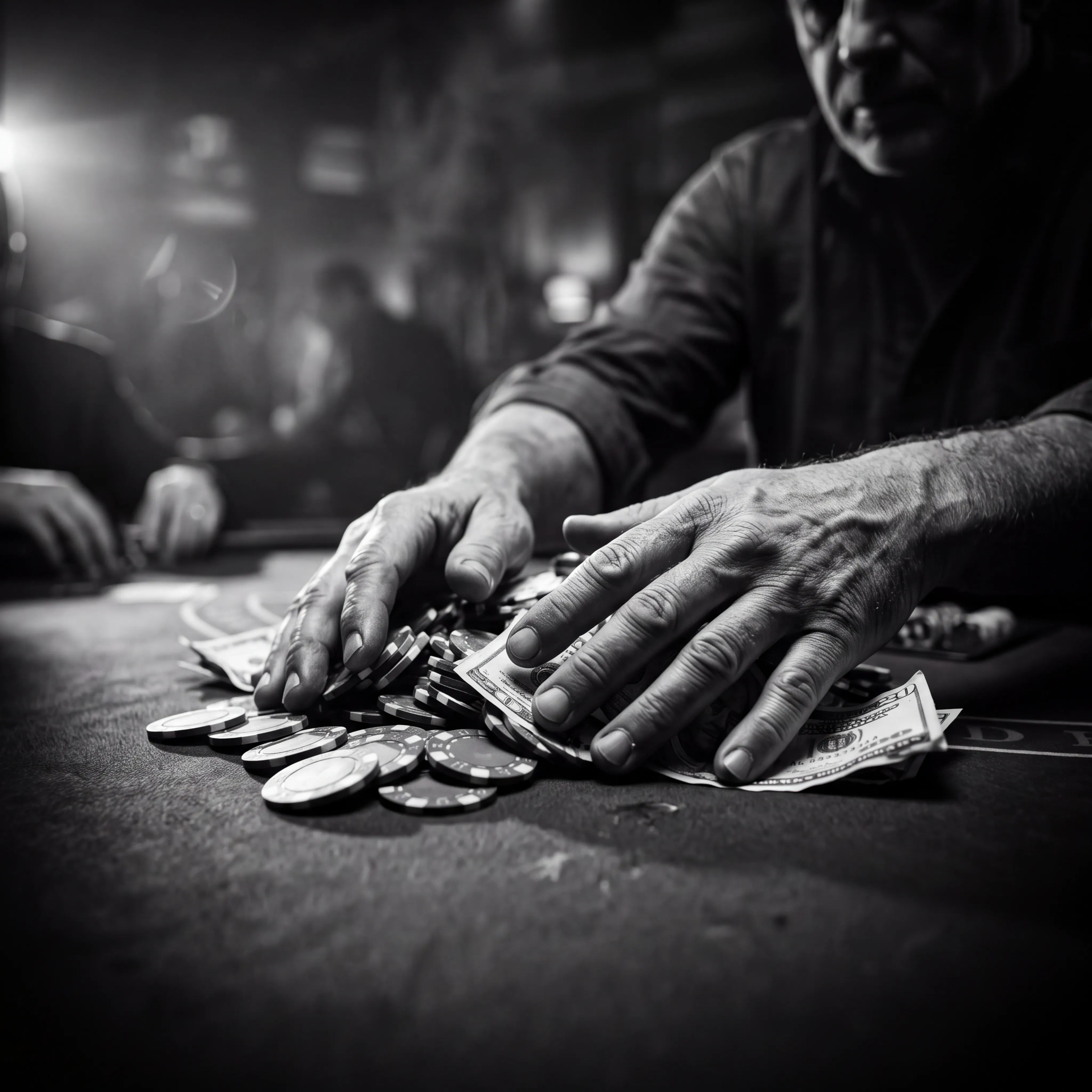 A player's weathered hands gathering a stack of poker chips and cash across the table.